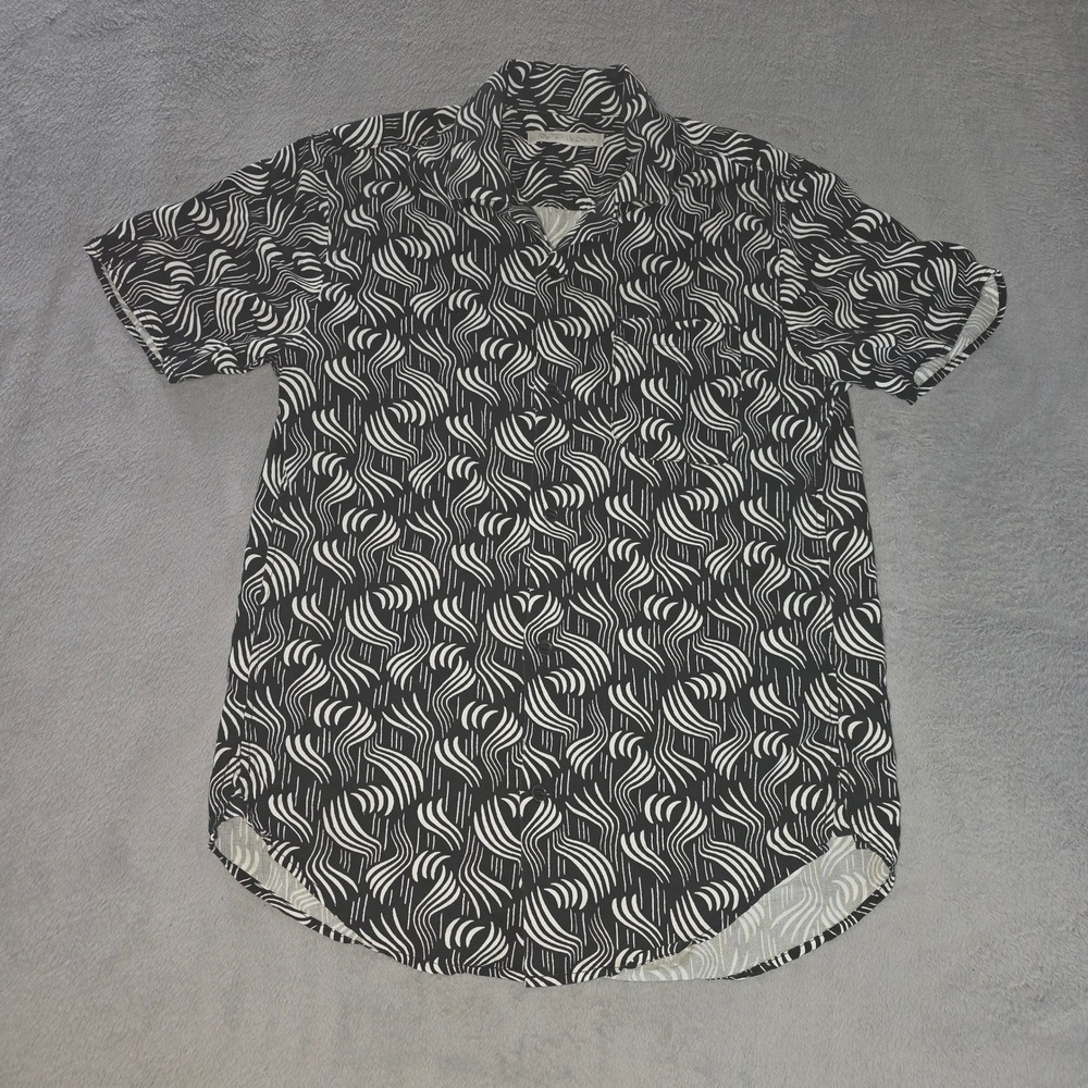 Outerknown Mens Abstract Wave Print Tencel Linen Short Sleeve Shirt Black Small